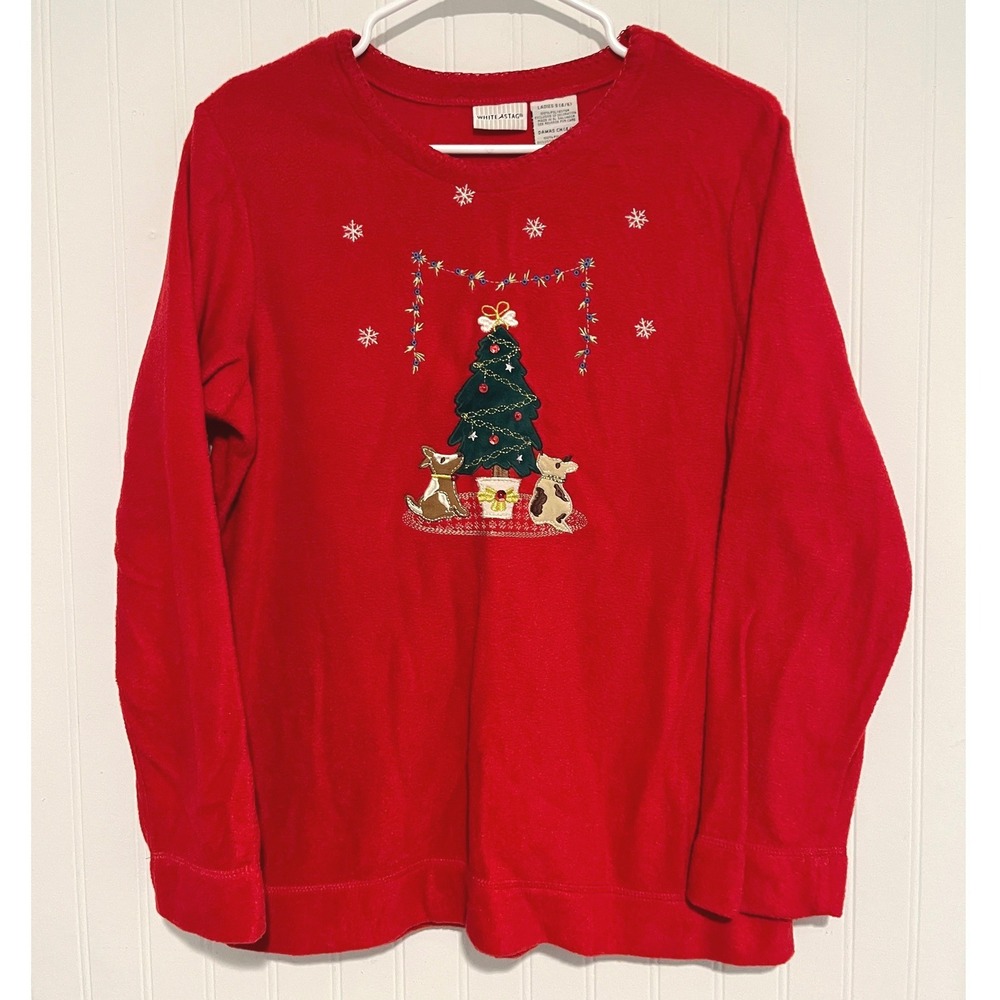 White Stag Fleece Top Womens S Red Christmas Tree Dogs Holiday Sweater